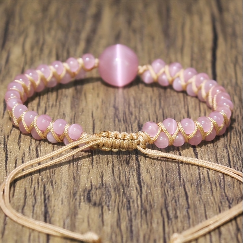 Women's Love Attracted Woven Bracelet with Pink Cat's Eye Stone